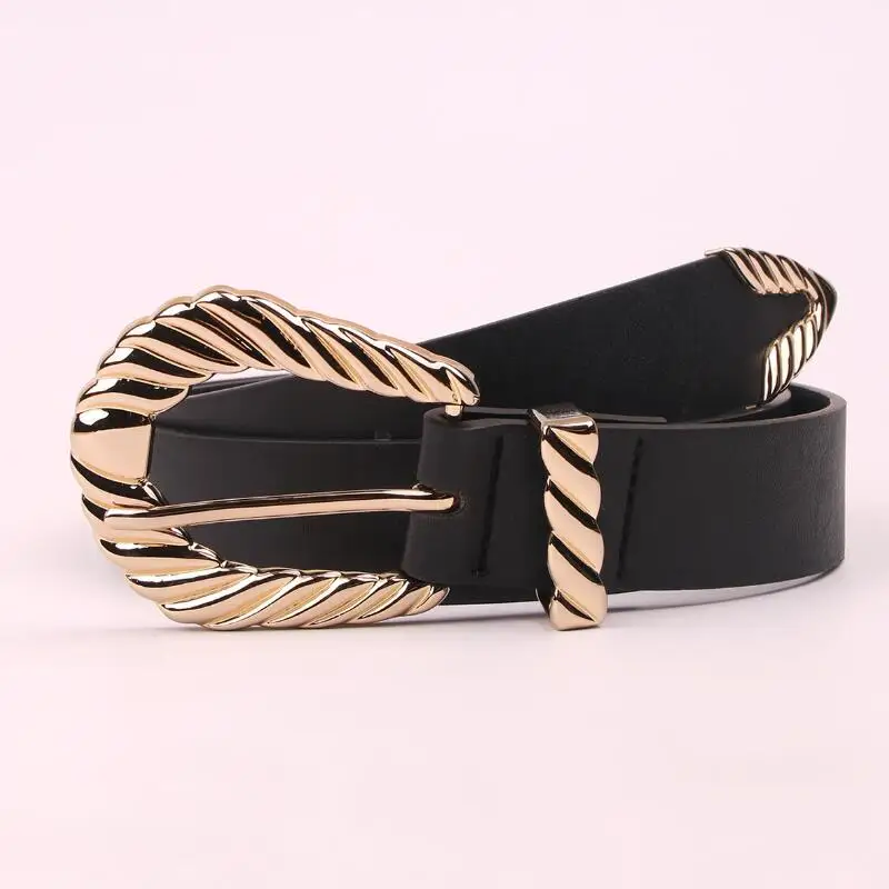 

New Vintage Women Belt High Qualitydesign Alloy Metal Leather Belts for Women Double Buckle Waist Belt Jeans Female Waistband