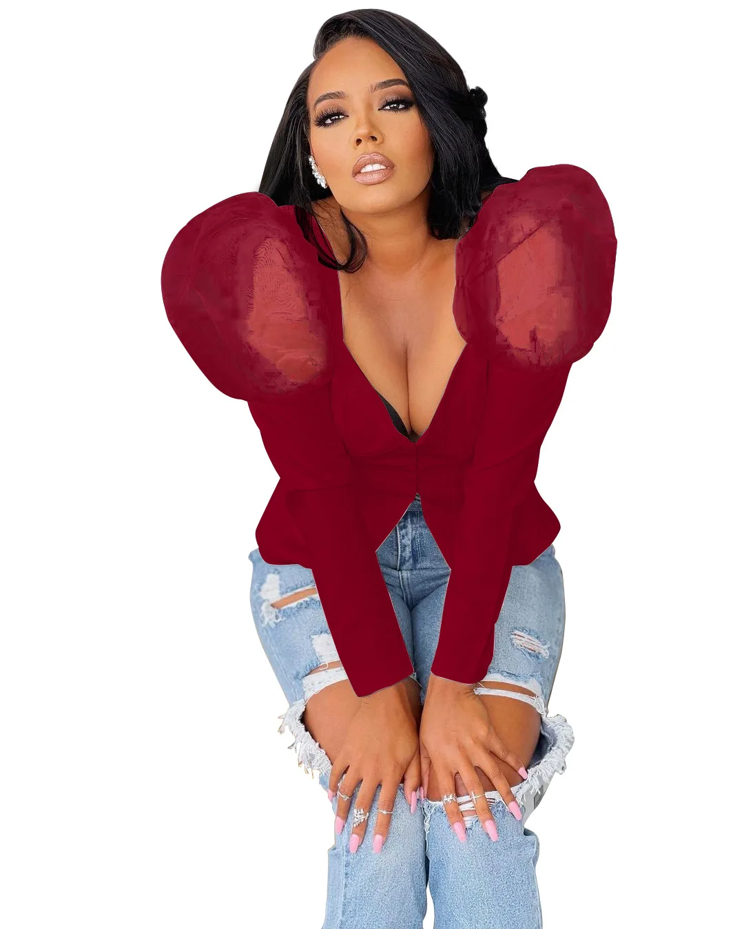

Women T-shirt Solid Mesh Puff Full Sleeve V-neck Sheath Elastic Tops Office Lady Fashion Clothing 2021