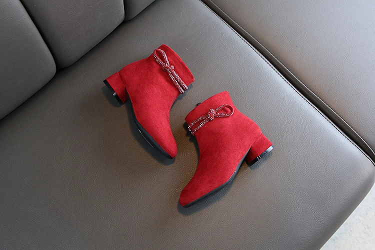 Обувь для девочек Новая Осенняя детская обувь на высоком каблуке модная зимняя плюшевая обувь принцессы, сохраняющая тепло, на шнуровке, с бриллиантами, для детей от 4 до 15 лет