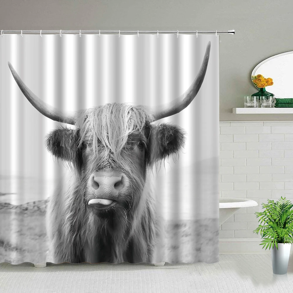 

Highland Cow Shower Curtain Animal Printing Pattern Waterproof Bathroom Decor Hanging Curtains Bathtub Decors Polyester Fabric