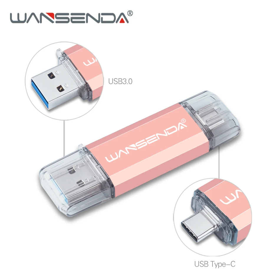 Rose gold WANSENDA 2 в 1 type-C USB 3,0 флеш-накопители 512 ГБ 256 ГБ 128 ГБ флеш-накопитель для type C Android/PC 32 Гб 64 Гб флешки OTG - Цвет: Rose gold