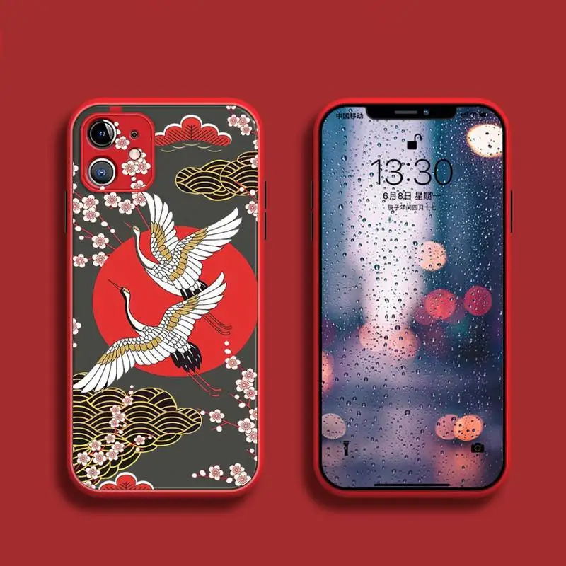 

Chinese Red Style Phone Case For iphone 13 12 11 7 8 plus mini x xs xr pro max matte transparent Crane and Koi cover