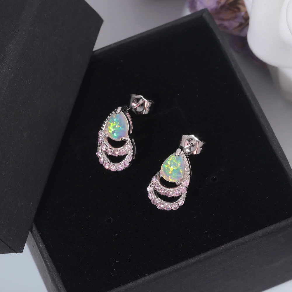 Женский комплект украшений CiNily сережки-гвоздики с розовым огненным опалом и