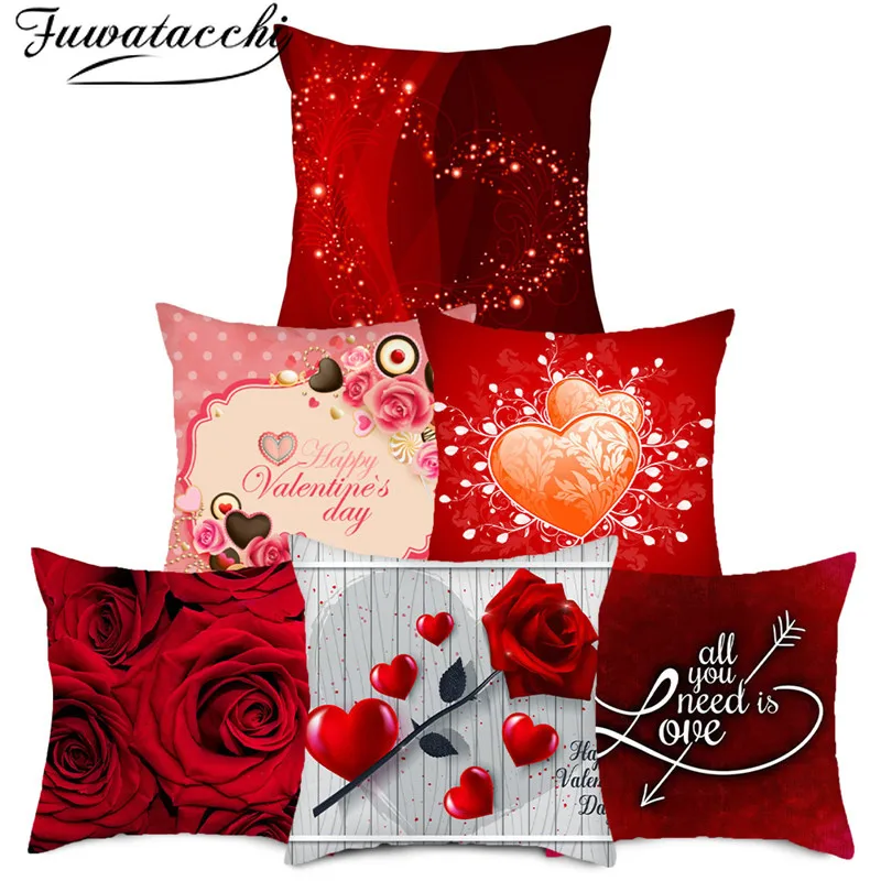 Чехол на подушку Fuwatacchi I Love You Words с красным цветком и сердечком принтом наволочка