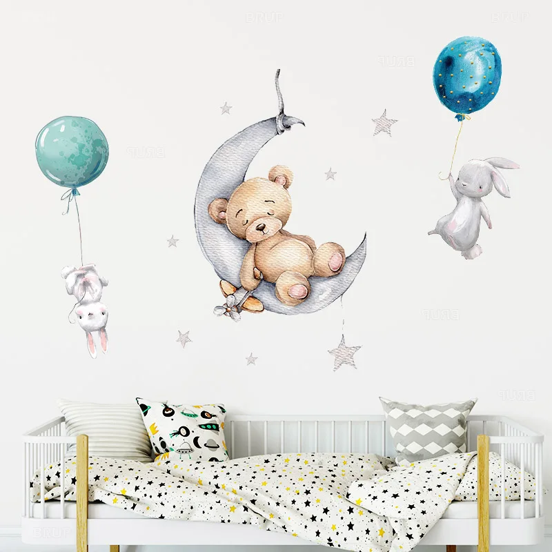 Watercolor Balloon Bunny and Brown Bear Wall Stickers for Kids Room Baby Nursery Room Decoration Wall Decal Party PVC Watercolor