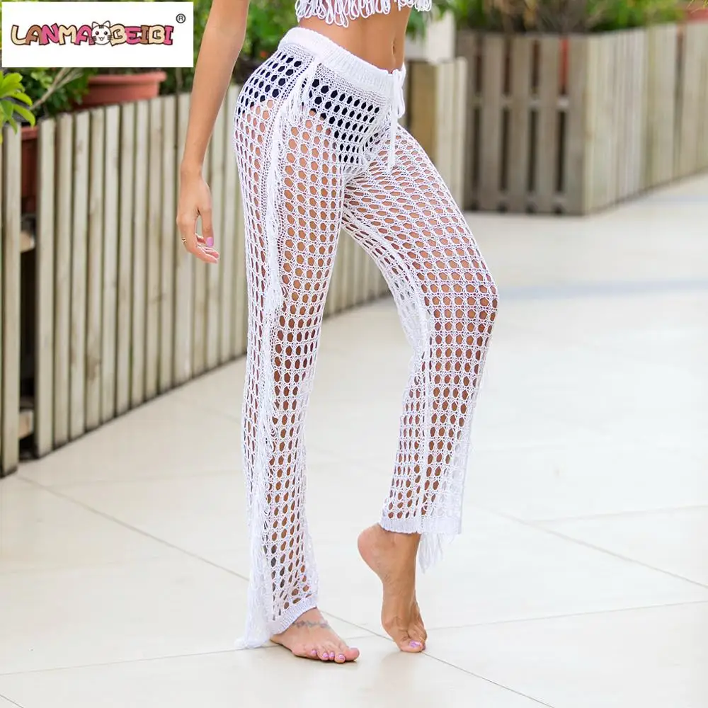 

Women Beach Pants Sexy Pant Bikini Cover Up Swimsuit Cover Up Summer Wide Leg Low Rise Net