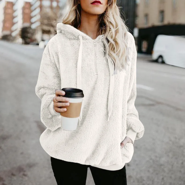 white Зимние теплые Повседневное двойной Fuzzy 1/4 толстовка на молнии из искусственного флиса карман с длинным рукавом безразмерная подстежка на искусственном меху, пуловер с капюшоном пальто, верхняя одежда - Цвет: white
