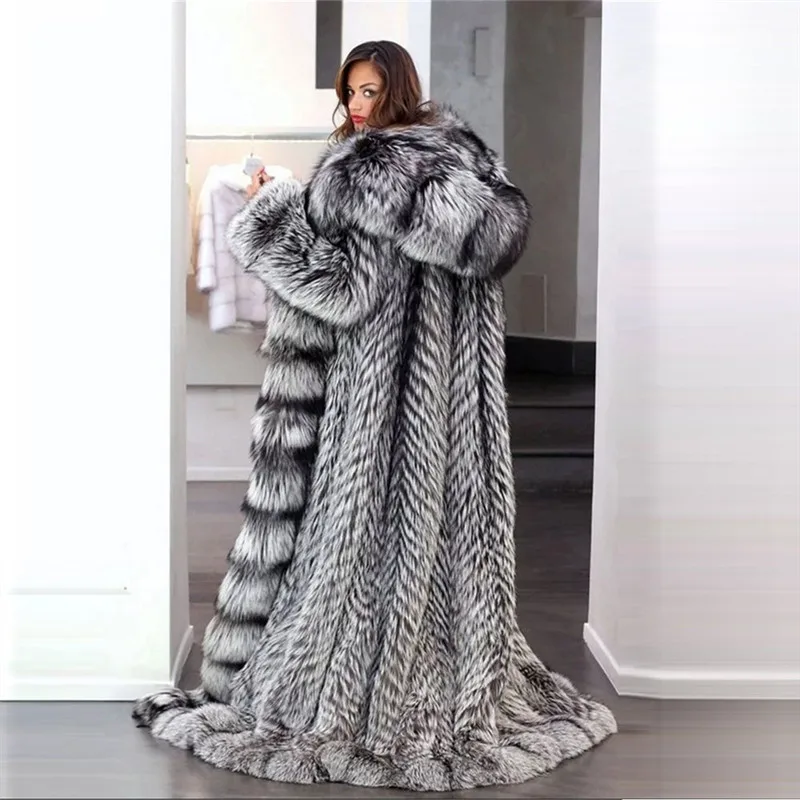 2022 Women Real Fox Fur Coat With Fur Hood 160 CM X-Long Luxury Silver Fox Fur Striped Female Jacket Full Pelt Thick Winter Coat