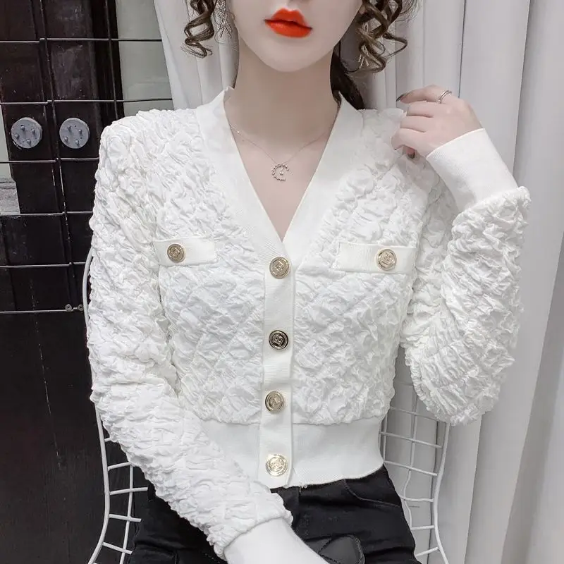 

2021 autumn new Korean style design sense niche V-neck folds all-match casual short cardigan jacket jacket women woman jacket