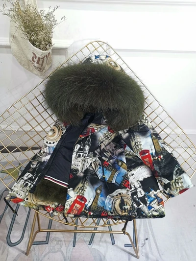 Gear Dark Green Детская зимняя куртка с отделкой из меха, пальто для мальчиков и девочек утепленное пальто из меха кролика с граффити, Детская меховая куртка для девочек, TZ147 - Цвет: Gear Dark Green