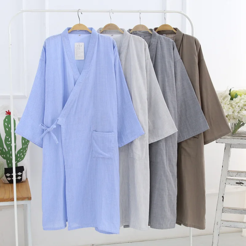 

Japanese Autumn Men's Kimono Traditional Long Cardigan Nightgown Summer Thin Pure Cotton Gauze Robe Sweat Steamed Yukata