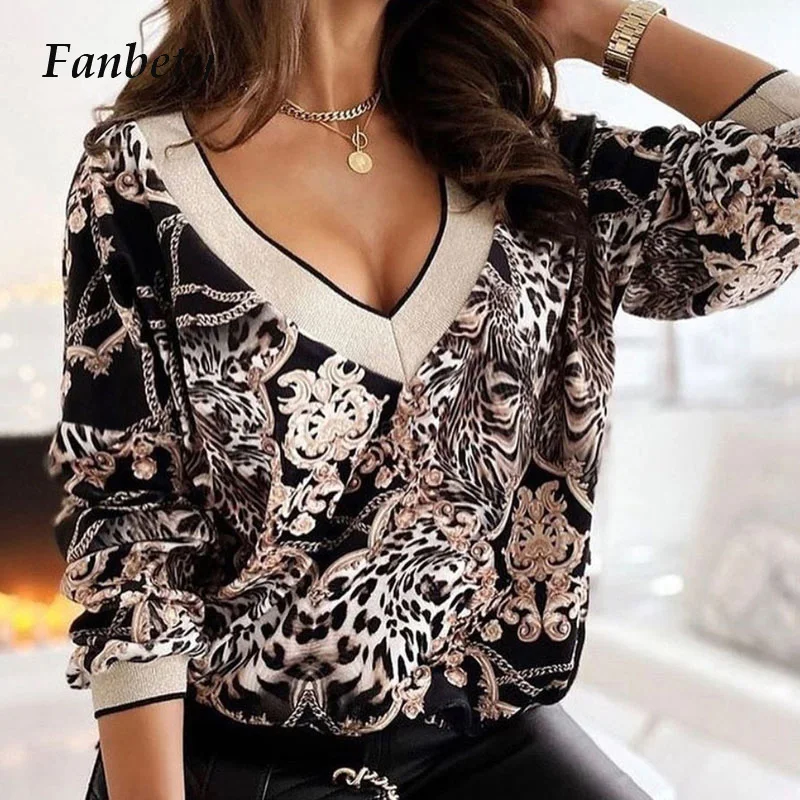 

Women Casual Loose Knit V Neck Print Blouse Tops 2021 Spring Elegant Long Sleeve Pullovers Streetwear Female Vintage Shirt Blusa