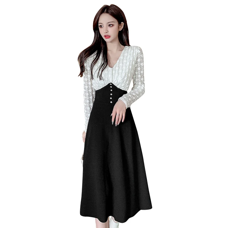 

COIGARSAM French Style Patchwork Women one-piece dress korean New Winter Lace V-Neck Dresses 672