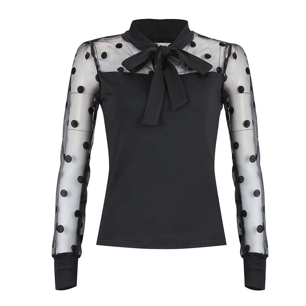 Модная сетчатая блузка в горошек с бантом 2020 Повседневная Весенняя женская