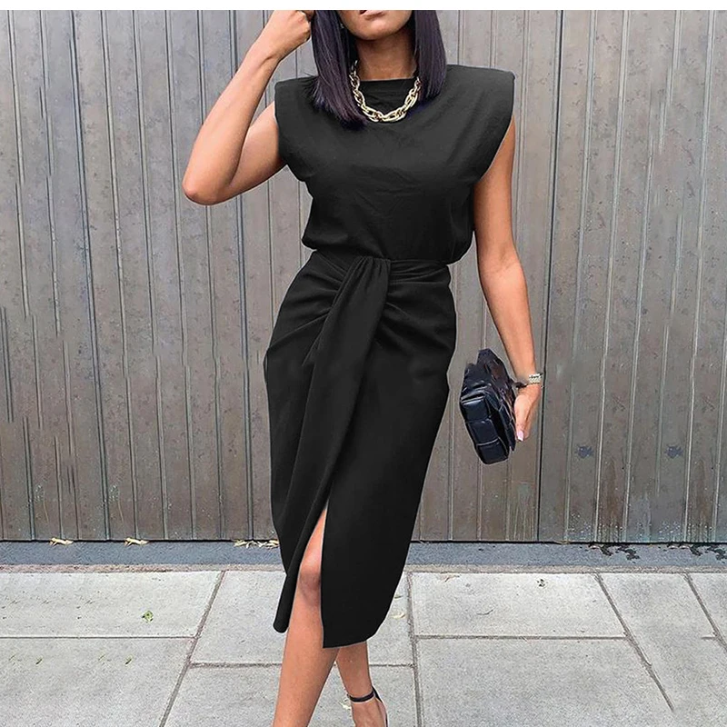

Summer Two Piece Set Women High Waist Fashion Elegant Black Front Slit Office Clothes Outfits For Women Matching Sets 2021 New