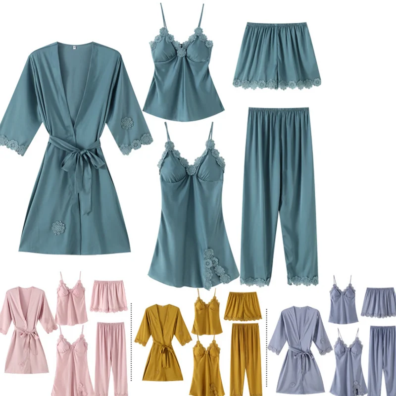 

5 Piece Pajamas With Chest Pads Sets Women Sexy Lace Satin Female Pajama Faux Silk Dressing Gown Summer Autumn Robe Sleepwear