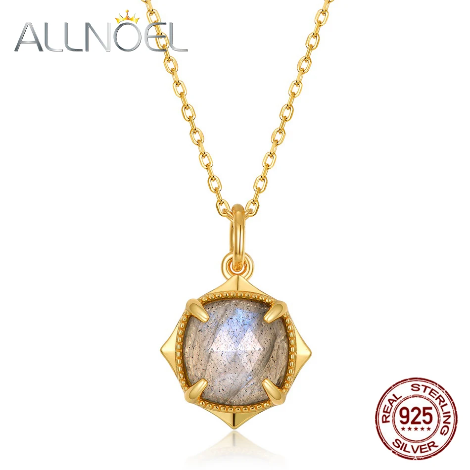 

ALLNOEL Solid 925 Sterling Silver Pendants For Women Natural Labradorite Real Gold Plated Engagement Wedding Jewelry Wholesale