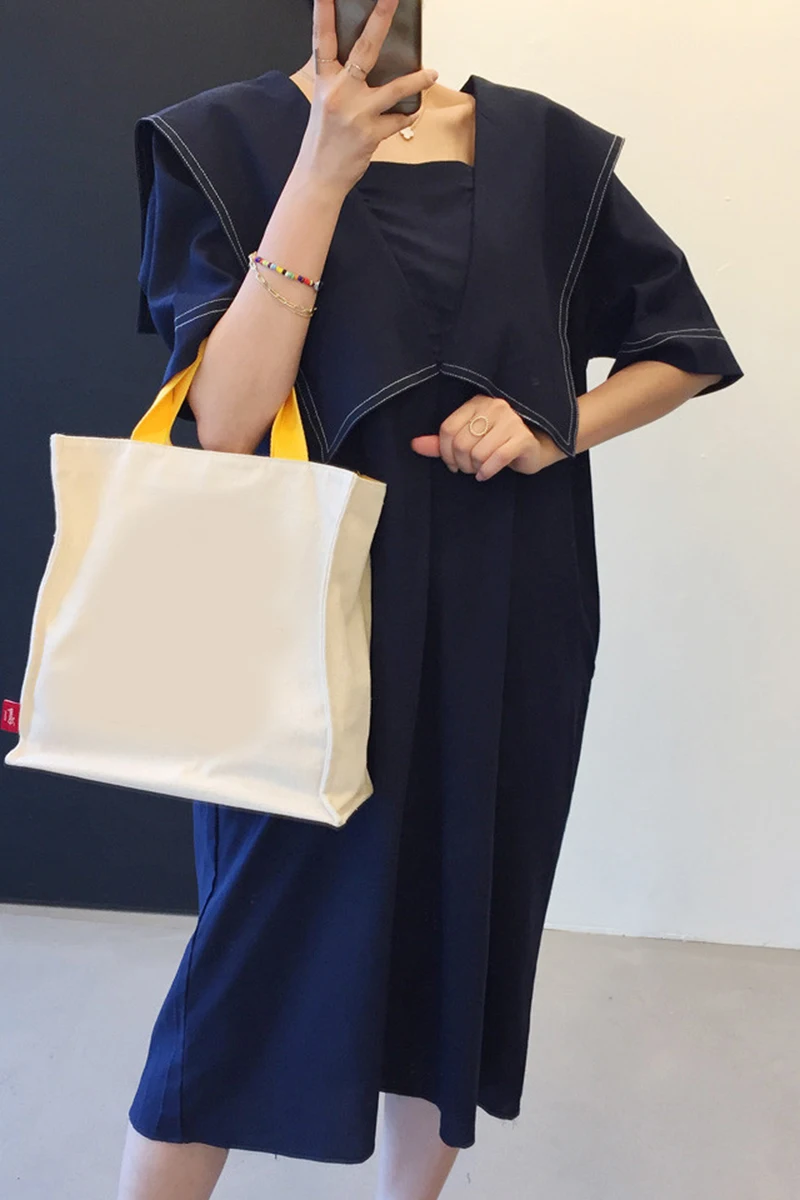 

ZCSMLL Navy Collar Line Contrast Color Dresses Loose Puff Sleeves Knee-length Mid-length Dress for Women 2021 Spring Summer