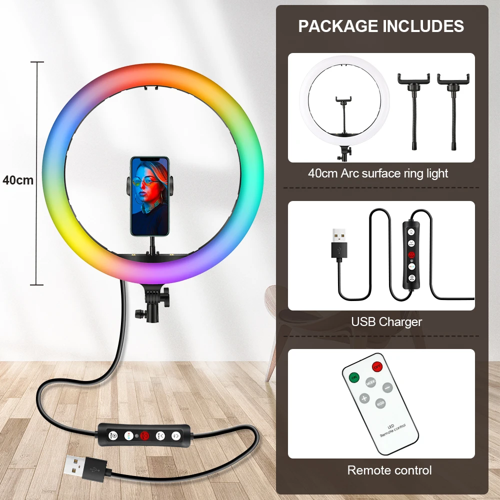 

16 Inch LED Selfie Ring Light RGB Dimmable Ring Lamp with 200cm Tripod Stand Photographic Live Lighting 3 Phone Clips Fill Light