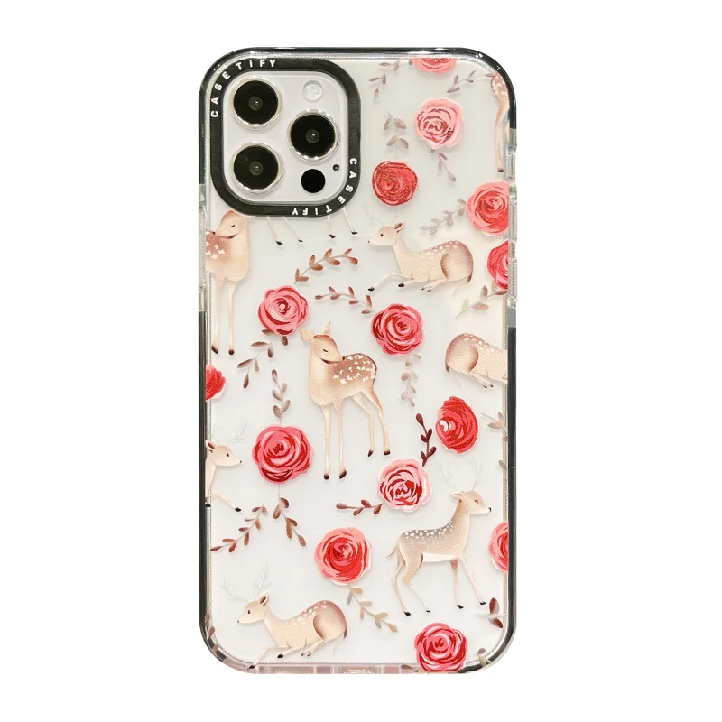 

Creative rose flower fawn Phone Case for iPhone 12 mini SE 7 8 Plus X XS Max XR 11 PRO Max clear TPU Cover with Black Len Frame