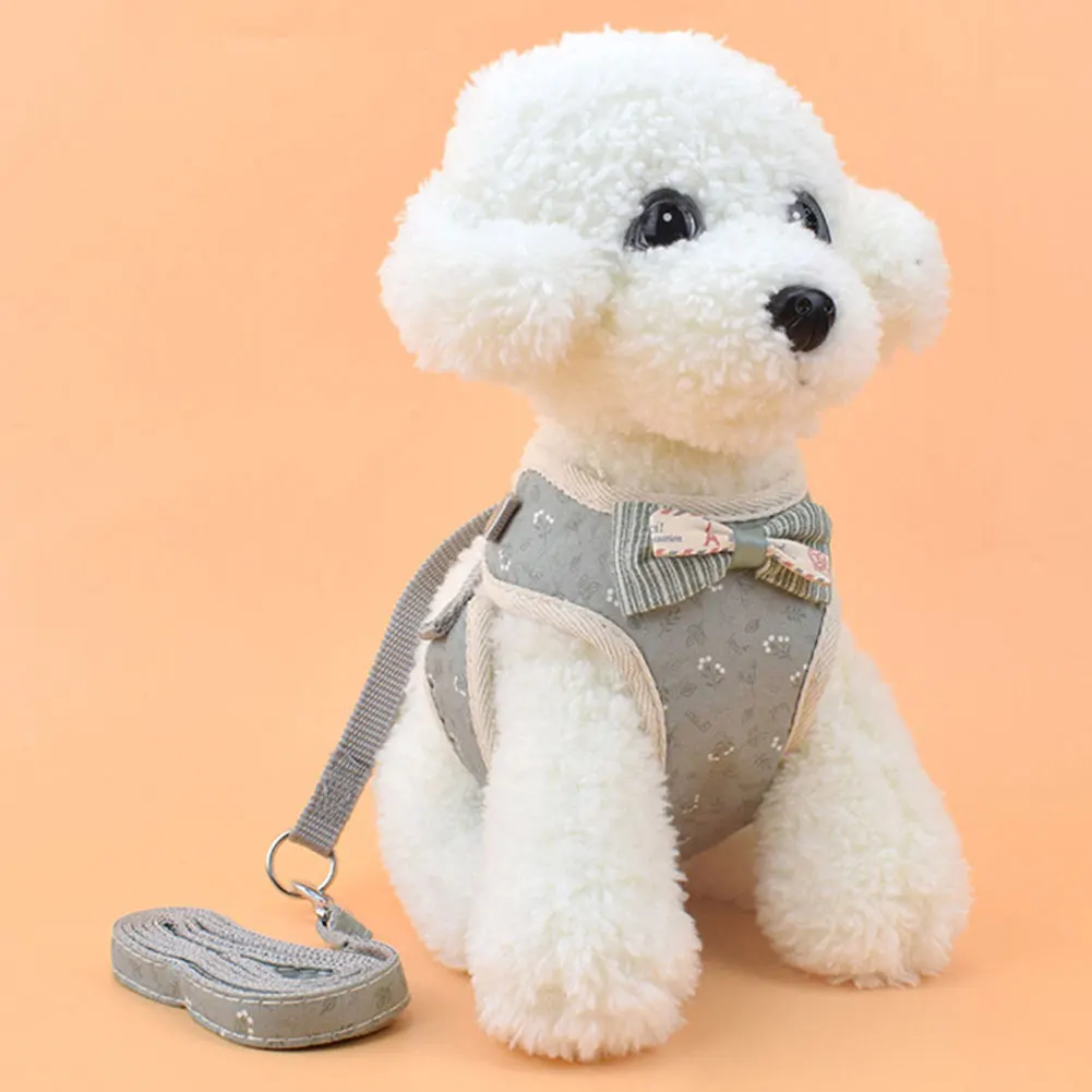 

3 Sizes Dog Cloth Vest Harness Traction No Pull Rope Adjustable Small Dog Pet Puppies Chest Harness Set With Bow Tie Gray