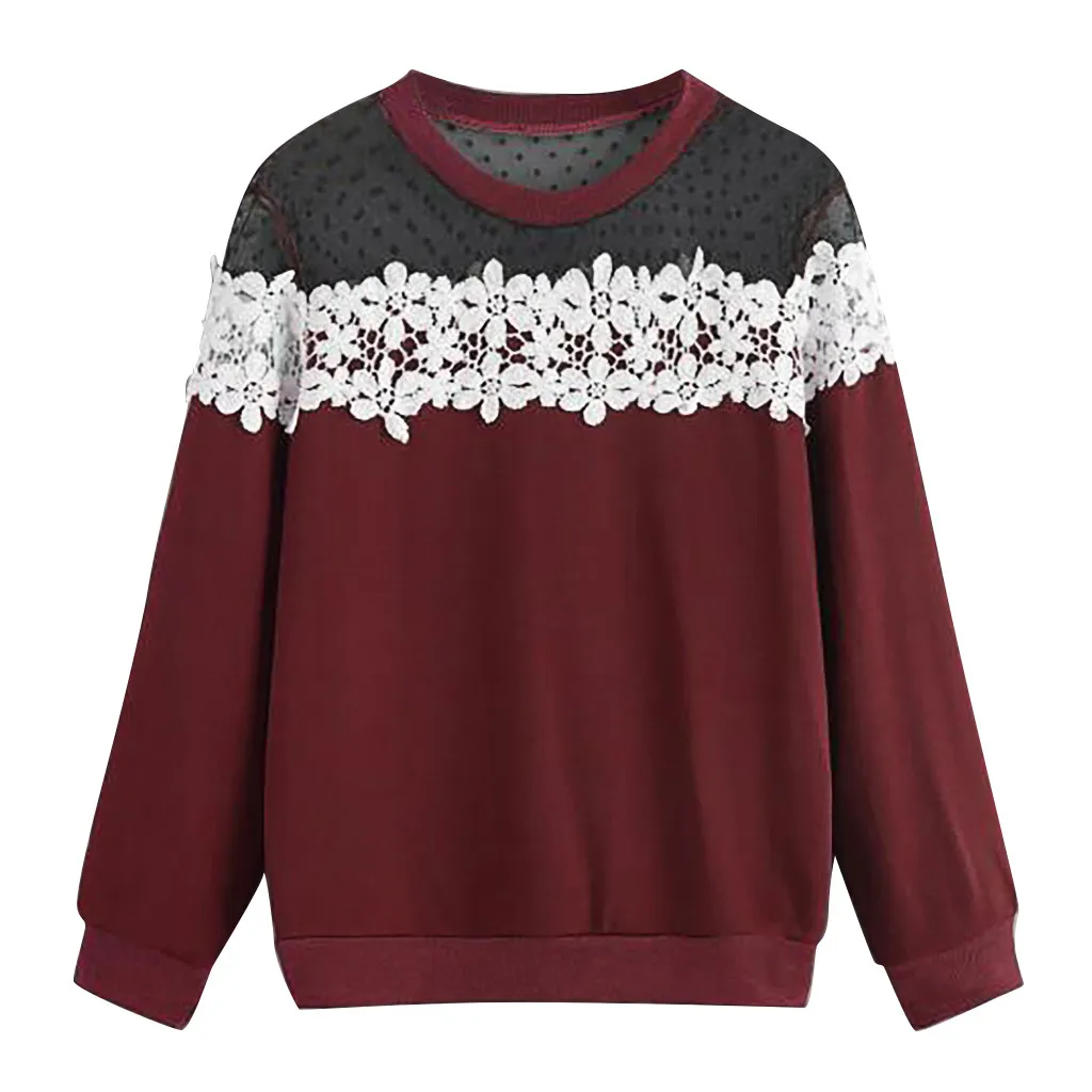 Женский свитер с круглым вырезом и кружевной аппликацией Круглый свободный