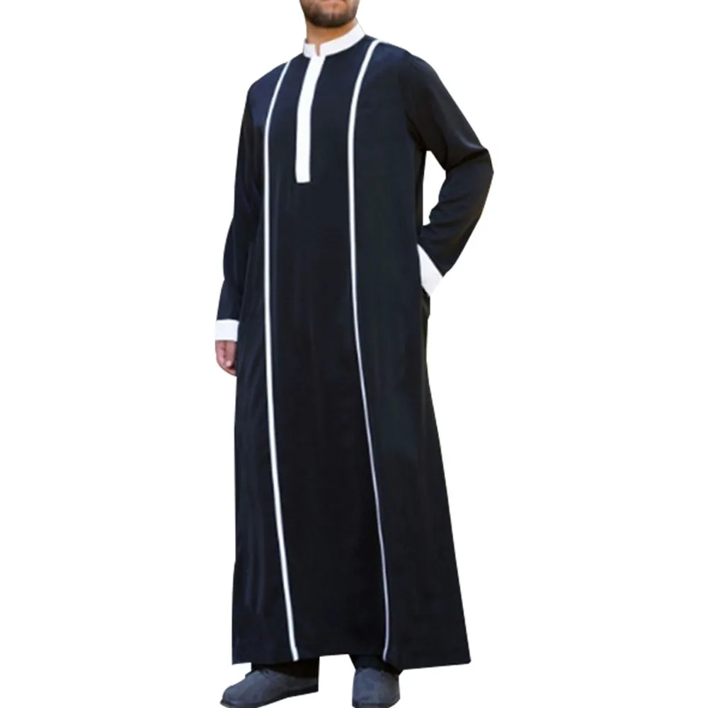 

Muslim Men's Fashion Robe Color Contrast Splicing Loose Casual Indie Oversize Simplicity Double Collar Long Sleeve 2021 Summer