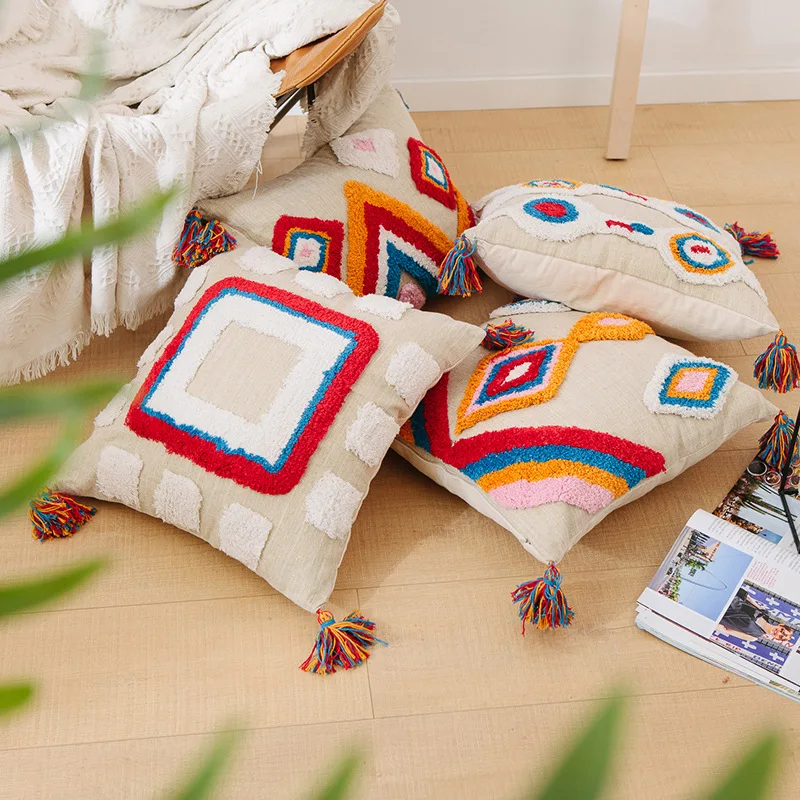 

Indian style cushion cover Tufting Moroccan geometric handmade tassel throw pillow case Embroidery home sofa decoration pillows