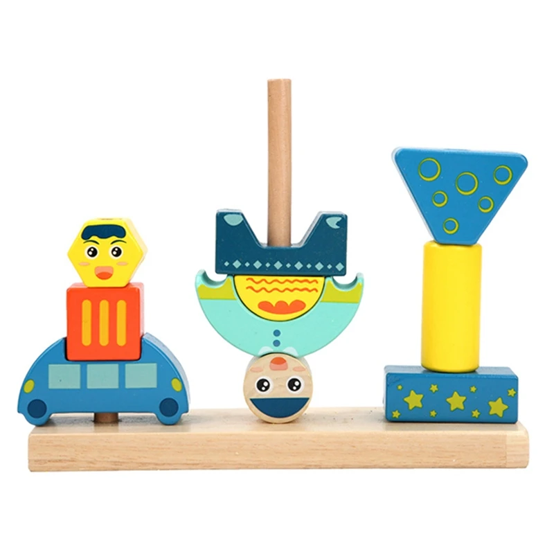 

FBIL-Children's Creative Wooden Tower Blocks Toys Sun & Moon Day & Night Pillar Wood Building Block Game Toys