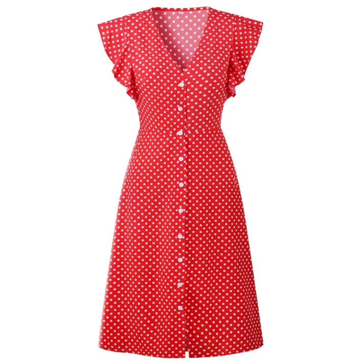 

Boho Polka Dot Print Dress Women Casual Sleeveless V Neck Red Sundress Midi Dress female Beach Dress Vestidos 2020