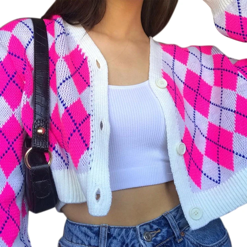

Women Long Sleeve Button Cardigan Cherry Embroidery Plaid Knitted Crop Top Coat M5TE