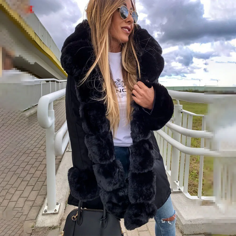 Women's Winter Plus Size New Parka Coat Thicken Warm Faux Fur Hooded Oversized Solid Color All-match Street Fashion Jacket