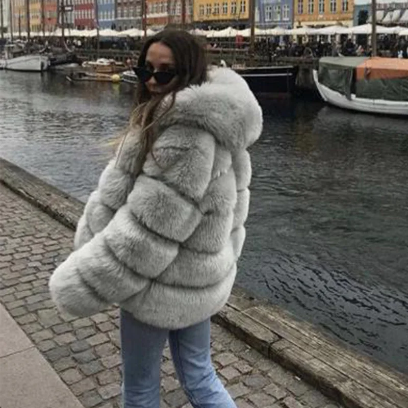 

FURSARCAR Women Real Blue Silver Fox Fur Coats With Hood Patchwork Female Winter Jacket For Lady Genuine Natural Fur Hoodie
