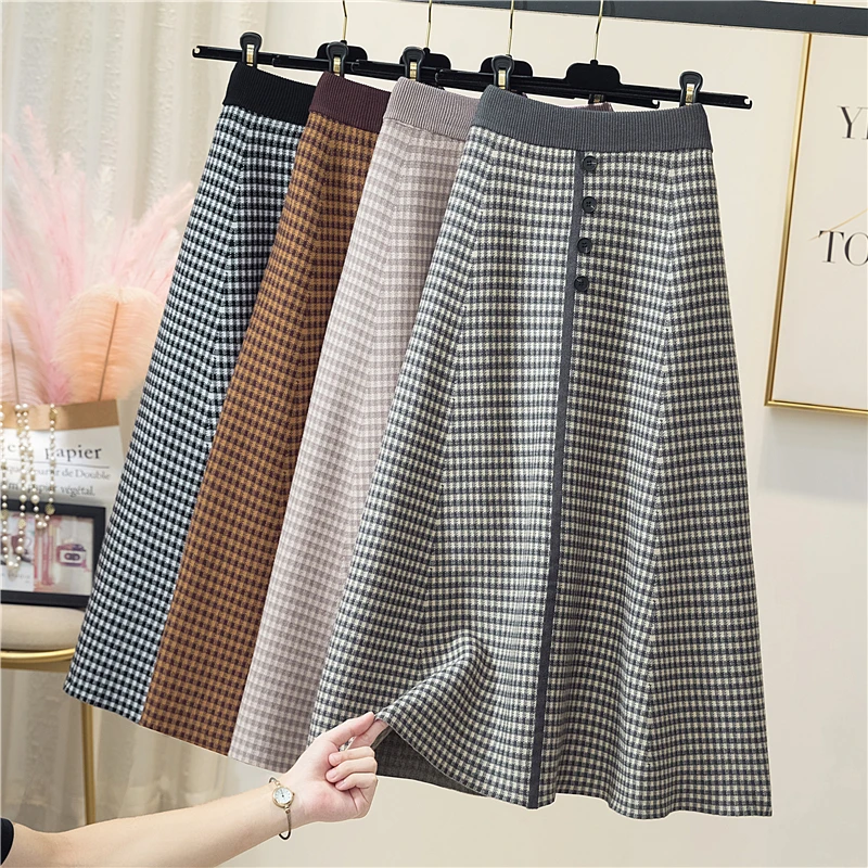 

Женская осенне-зимняя модная теплая вязаная юбка 2021, Женская эластичная юбка с завышенной талией, свободная трапециевидная юбка