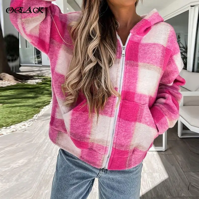 

Fashion Colorful Plaid Printed Women Hooded Coat Autumn Winter Elegant Drawstring Zipper Cardigan Jacket Casual Loose Outerwear