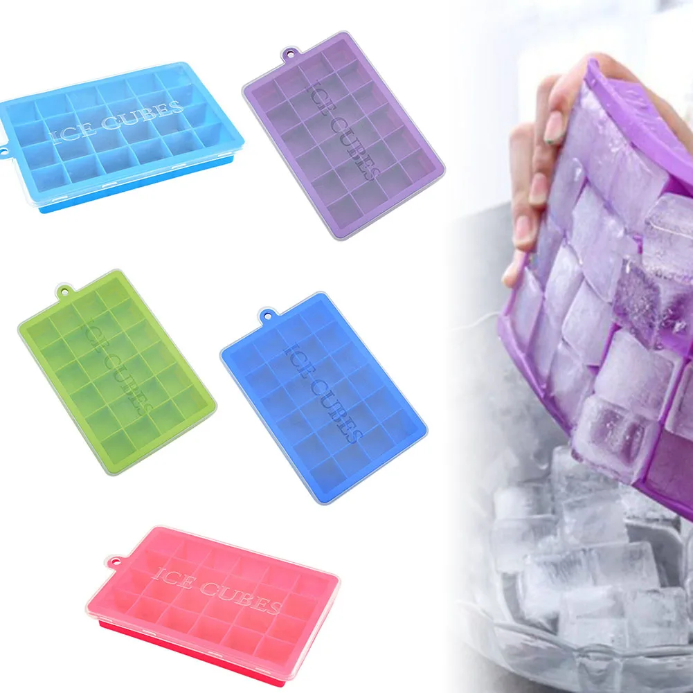 

Silicone Ice Cube Tray Mould With Lid Home Freezer Maker Kitchen 24 Slot Square