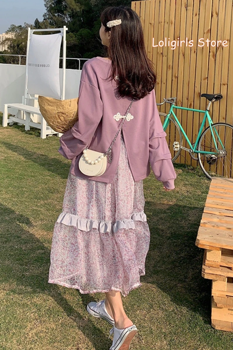 Осень 2020 новинка свободная юбка в сеточку с цветочным принтом милая толстовка