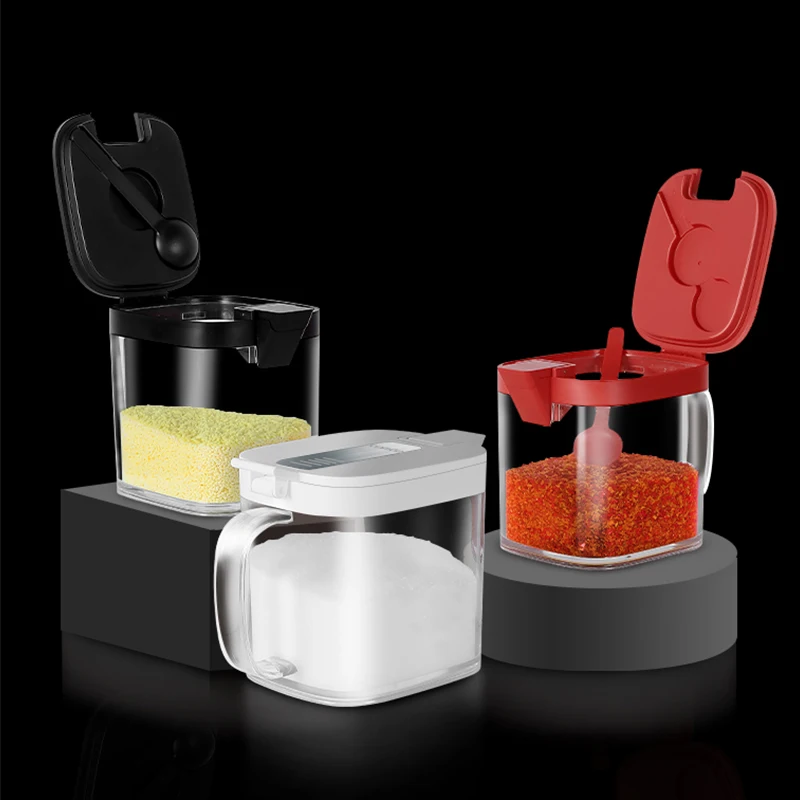 

CAMUZ Auto Flip Seasoning Box Wall Mounted Plastic Condiment Container with Spoon Salt Spice Jars for Kitchen Supplies