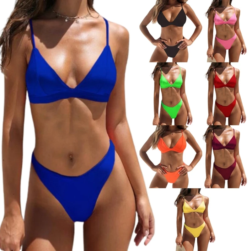 

2021 Новый Для женщин пикантные 2 шт. комплект бикини с v-образным вырезом пуш-ап купальник неоновые Твердые Цвет ванный комплект; Оптовая прод...