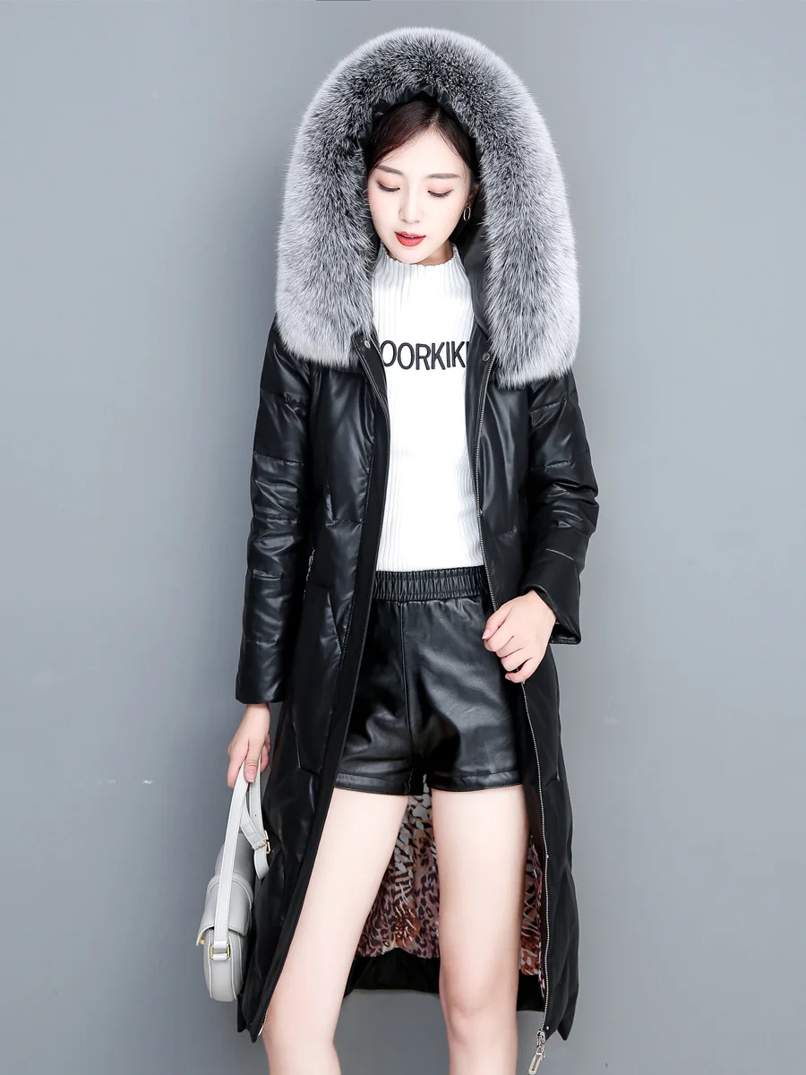 New Women Leather Down Coat Winter Fashion Real Fox Fur Collar Hooded Loose Sheepskin Overcoat Thick Warm Long Outerwear Female