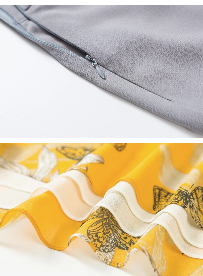 

Spring Chiffon Two Piece Pants Set Yellow Print Top Gray Trousers Women Summer Casual Wear