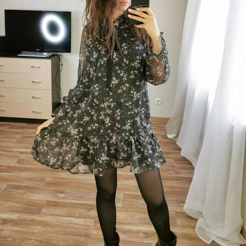 Женское платье с бантом LUZUZI винтажное плиссированное длинным рукавом и