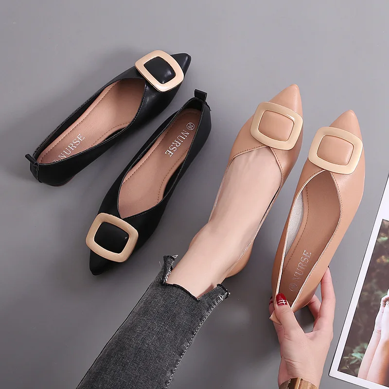 

2021 New Square Buckle Pointed Toe Single Shoes Pumps Women's Flat Spring and Autumn Soft Soled Women's Shoes