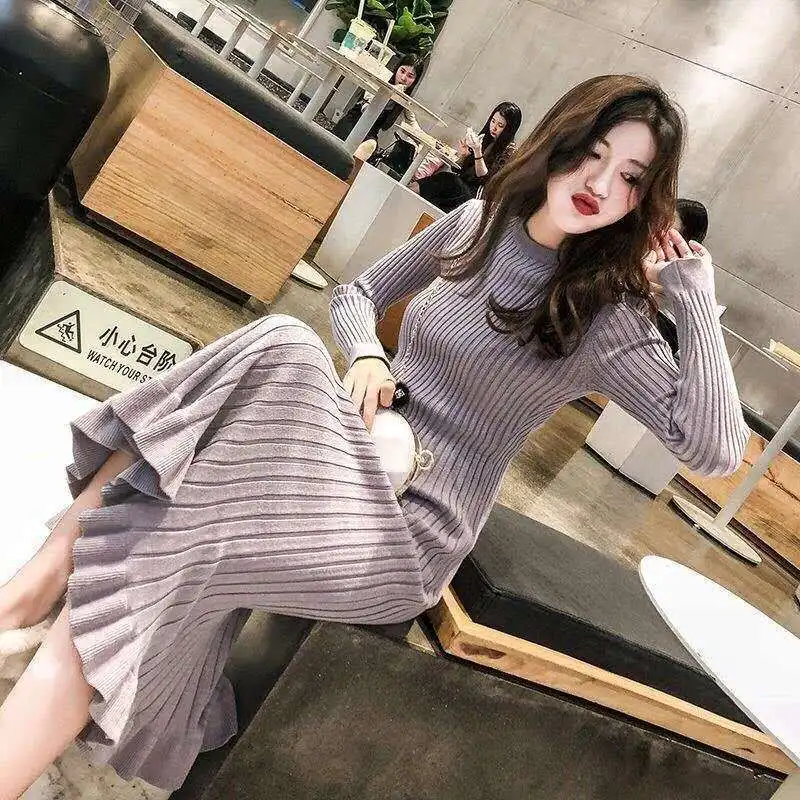 

Slim Woman Sexy Aesthetic Knitted Bodycon Long Blue Sweater Dress for Women Winter Korean Fashion Robe Vintage Dresses 2022