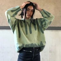 women korea green stripped sweater kawaii green striped print sweater winter o neck loose long sleeve streetwear warm outerwear