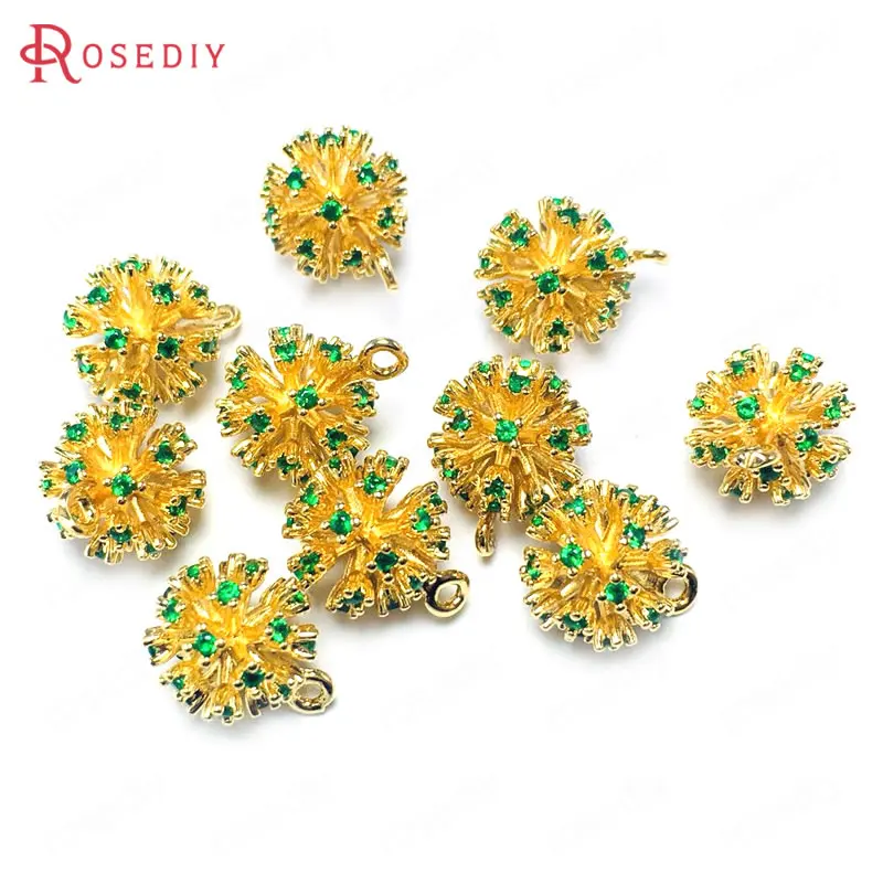 

(38807)6PCS 11MM 24K Champagne Gold Color Brass and Zircon Flower Ball Charms Pendants Jewelry Making Supplies Diy Accessories