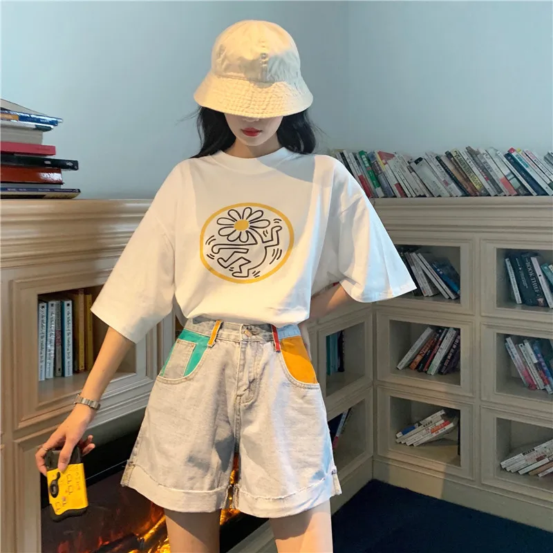 

S-4XL Preppy style high Waist Denim Shorts jeans for Women 2021 Summer Ladies color patchwork pocket jeans Shorts womens