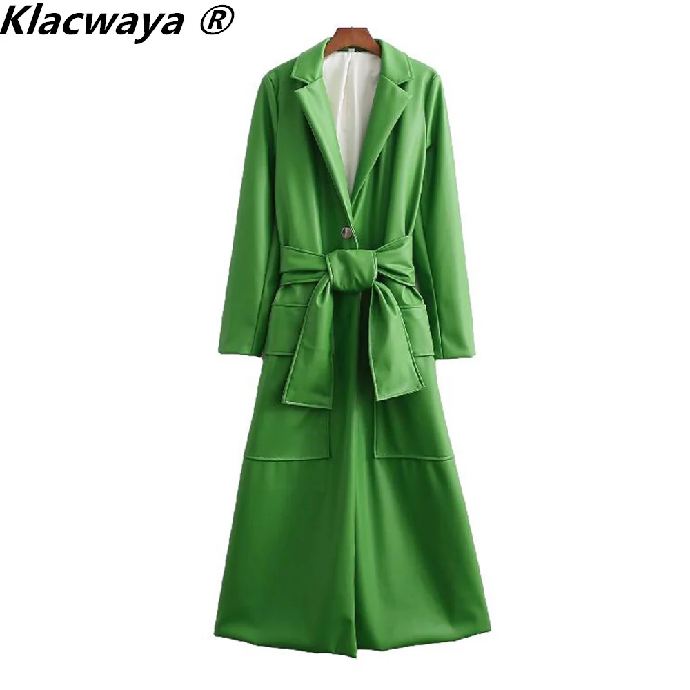 

Klacwaya, женская зимняя куртка из искусственной кожи, зеленое длинное пальто с отложным воротником, женская одежда, пальто, повседневная женск...