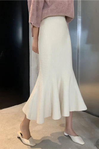 

Casual Winter Spring Knitted Mermaid Trumpet Sweater Skirt Elastic High Waist Women Midi Skirt Solid Ruffle Party Skirts Ka447
