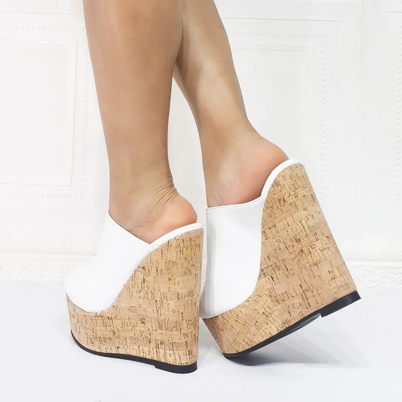 

2021 Fashion Peep Toe High Platform Slippers Women Elegant White PU Leather Wood Grain Wedge Sandals Summer Party Shoes Ladies